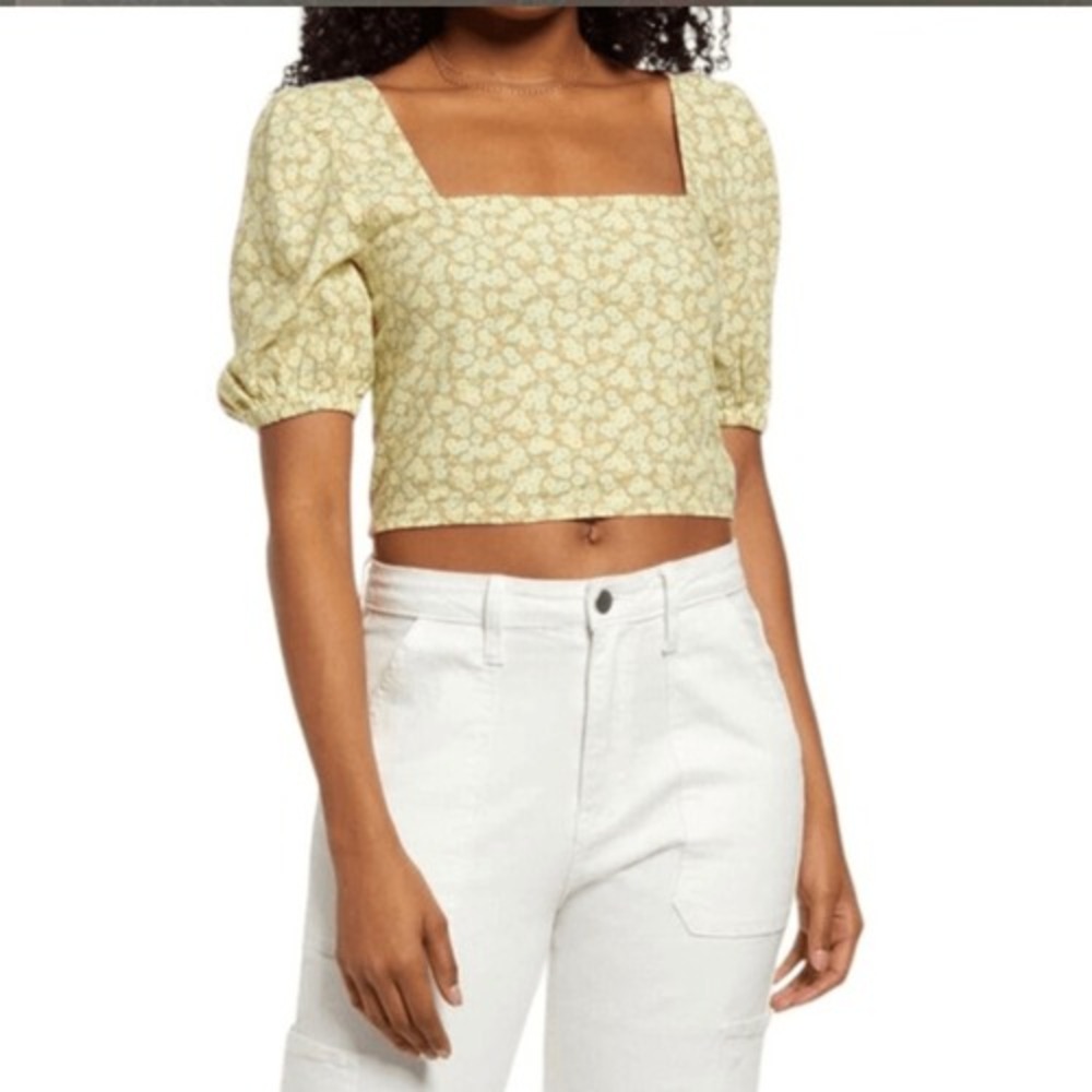 BP Woman's Allison Crop Top L Puff Sleeve Linen Blend‎ Beige Boho Neutral
